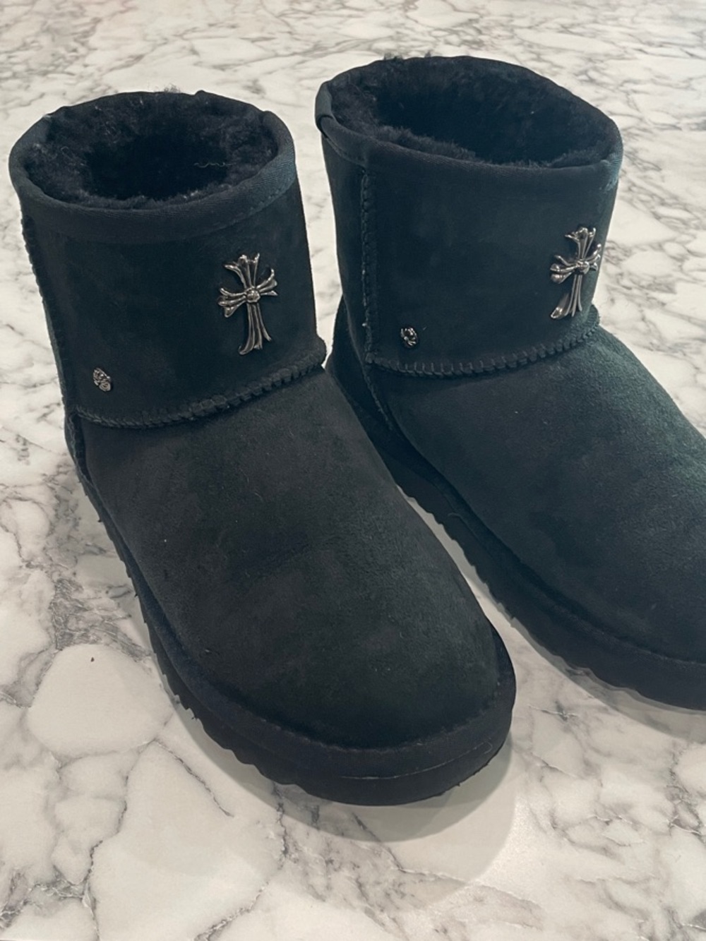 UGG Mini Black Suede Boots with Custom Silver-Tone Gothic Cross Accents Vintage
